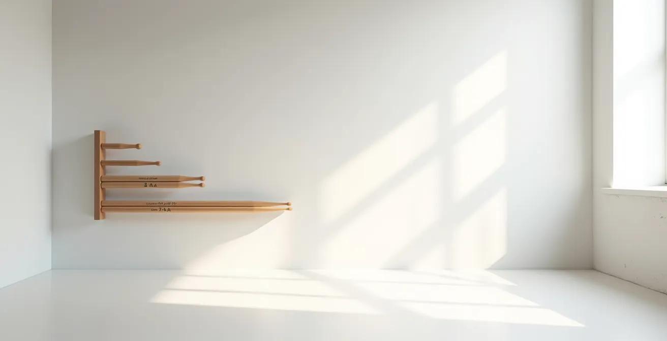 Collection de baguettes de différentes tailles rangées sur un support mural minimaliste