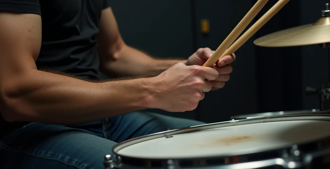 Gros plan sur les mains d'un batteur montrant une tension musculaire excessive