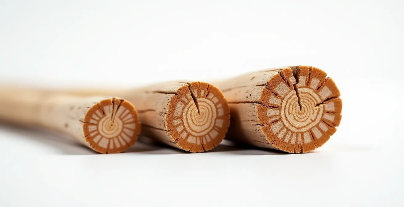 Vue macro comparative des diamètres de trois baguettes alignées